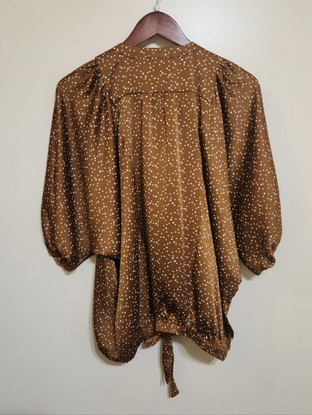 Puff Sleeve Top Women S Brown Polka Dot Bubble Print Satin Feel Oversided Easel - Picture 8 of 8